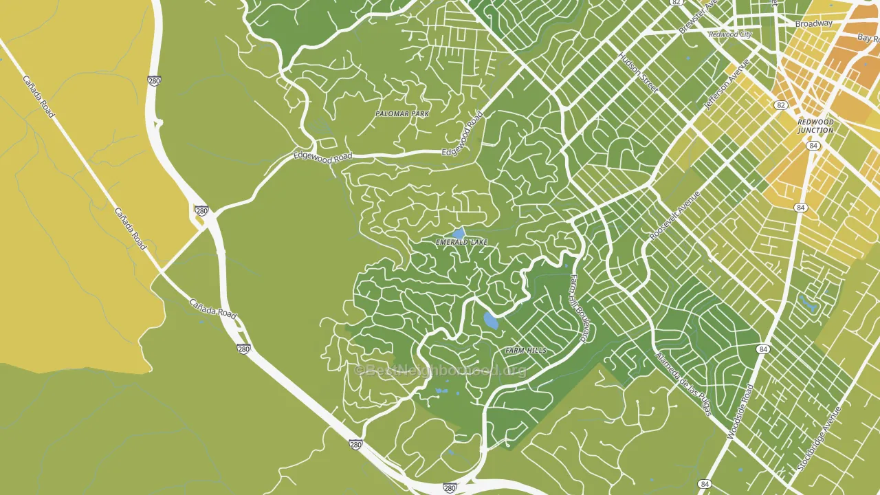 Map of the best neighborhoods in the Emerald Lake Hills, Redwood City area, with better matches in green and worse matches in red