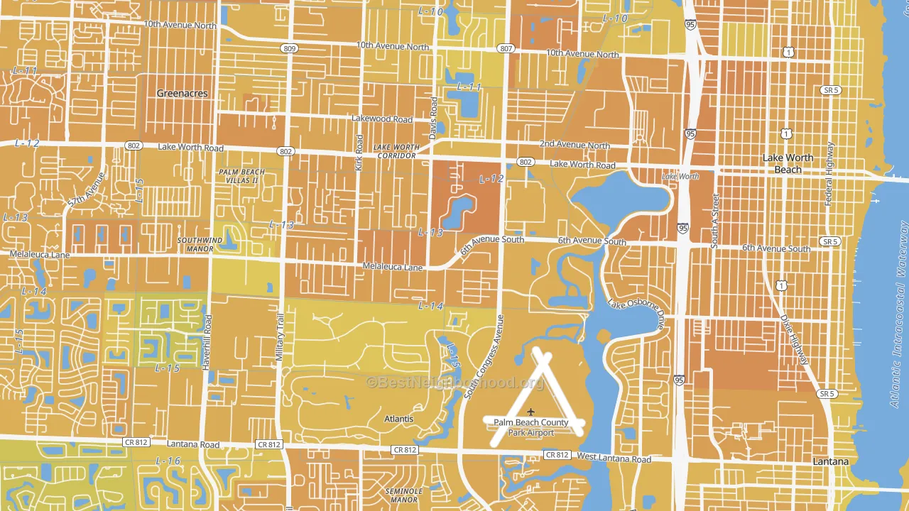 Map of the best neighborhoods in the Emerald Lake-Miami, Lake Worth area, with better matches in green and worse matches in red