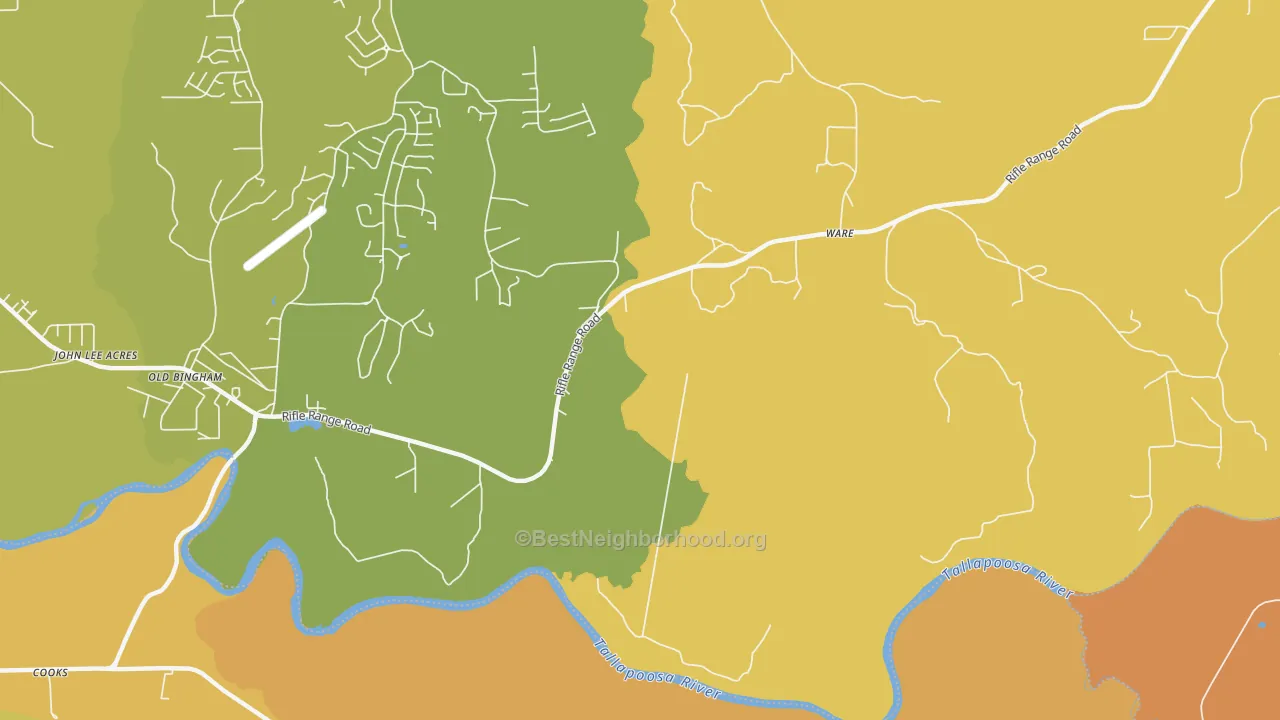 Map of the best neighborhoods in the Emerald Mountain area, with better matches in green and worse matches in red