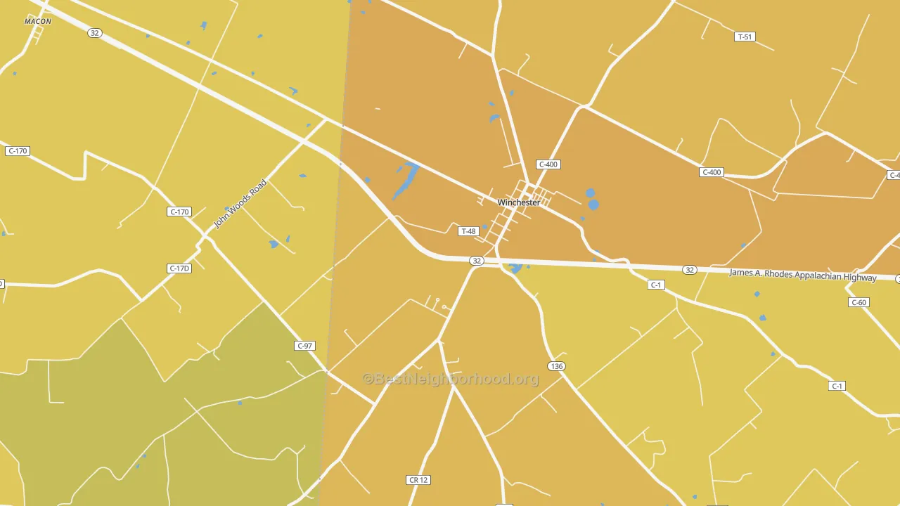 Map of the best neighborhoods in the Emerald area, with better matches in green and worse matches in red