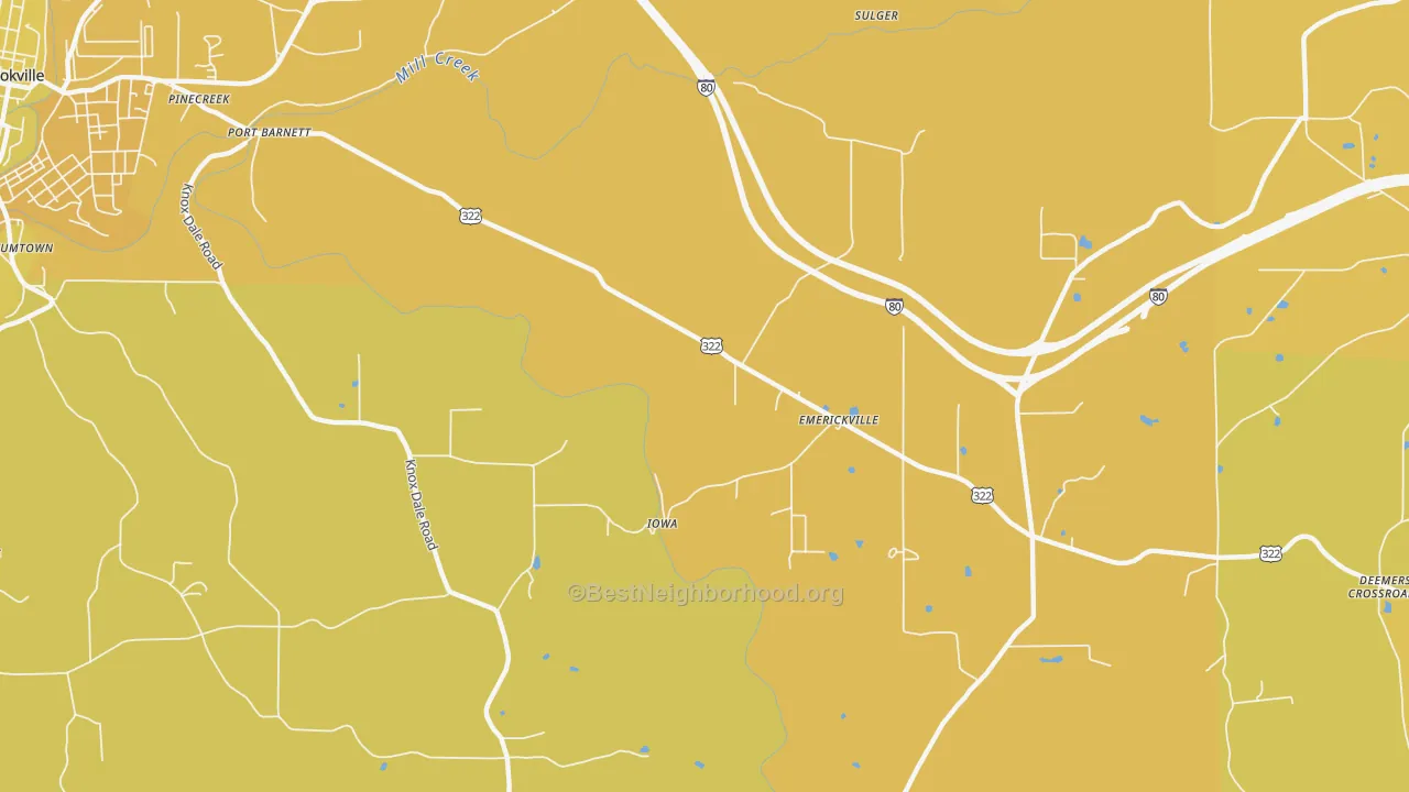 Map of the best neighborhoods in the Emerickville area, with better matches in green and worse matches in red