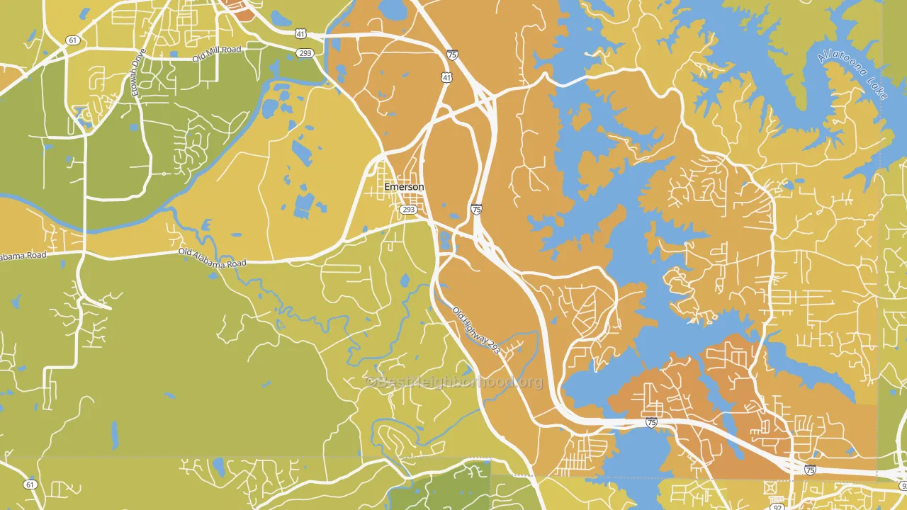 Map of the best neighborhoods in the Emerson area, with better matches in green and worse matches in red