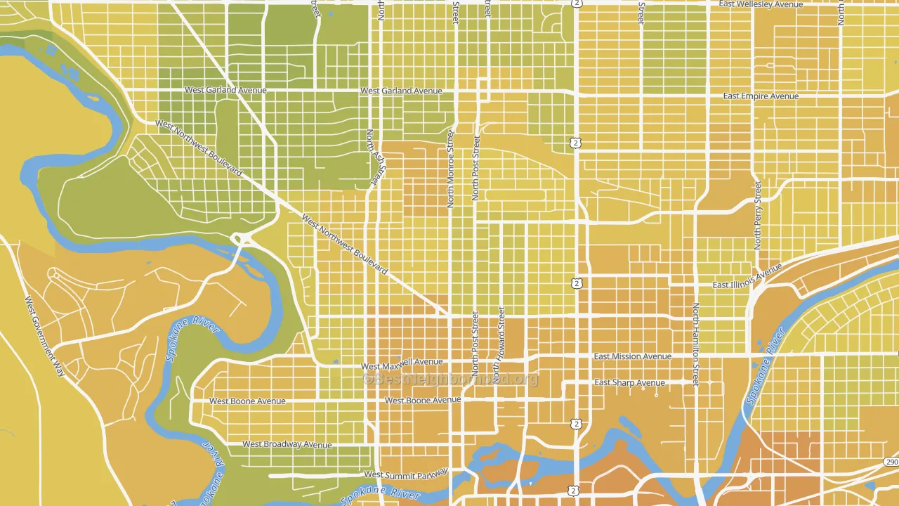 Map of the best neighborhoods in the Emerson Garfield, Spokane area, with better matches in green and worse matches in red