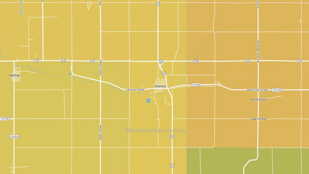 Map of the best neighborhoods in the Emerson area, with better matches in green and worse matches in red