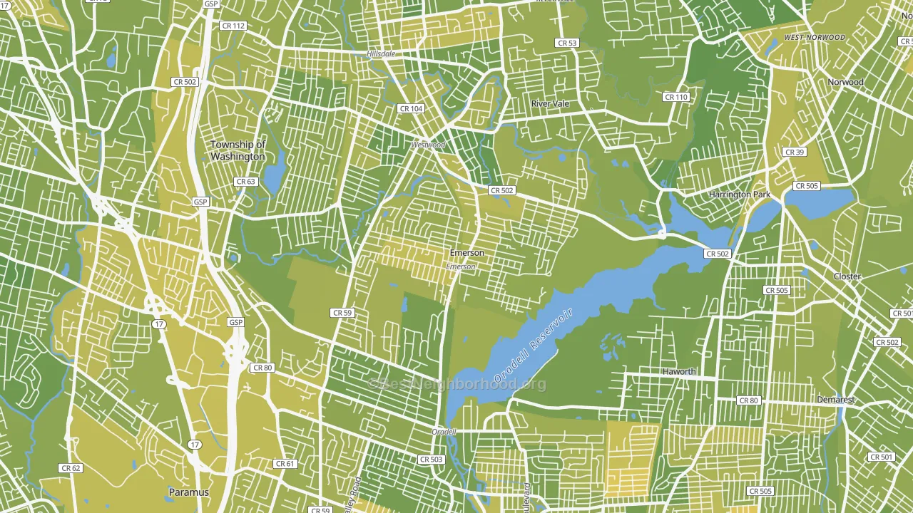 Map of the best neighborhoods in the Emerson area, with better matches in green and worse matches in red