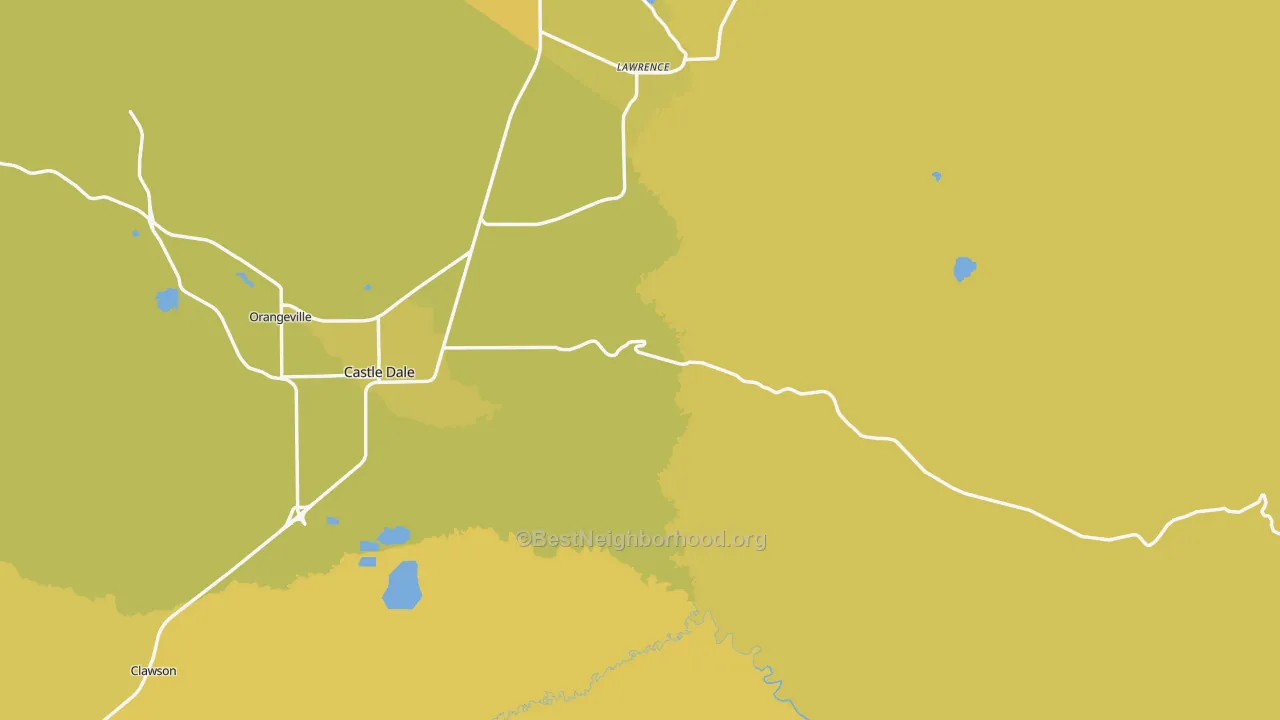 Map of the best neighborhoods in the Emery County area, with better matches in green and worse matches in red