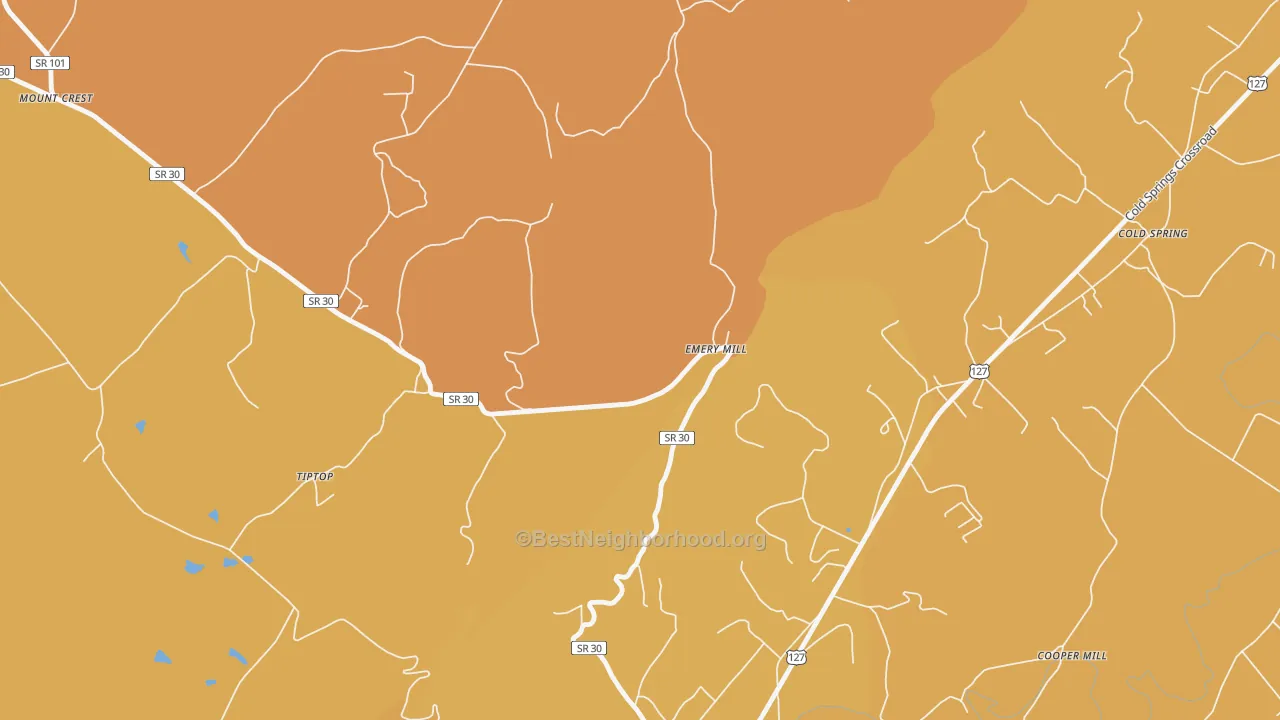 Map of the best neighborhoods in the Emery Mill area, with better matches in green and worse matches in red