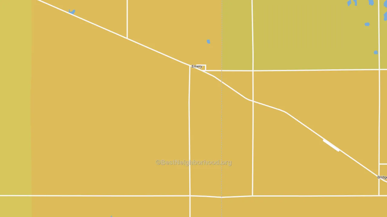 Map of the best neighborhoods in the Emery area, with better matches in green and worse matches in red