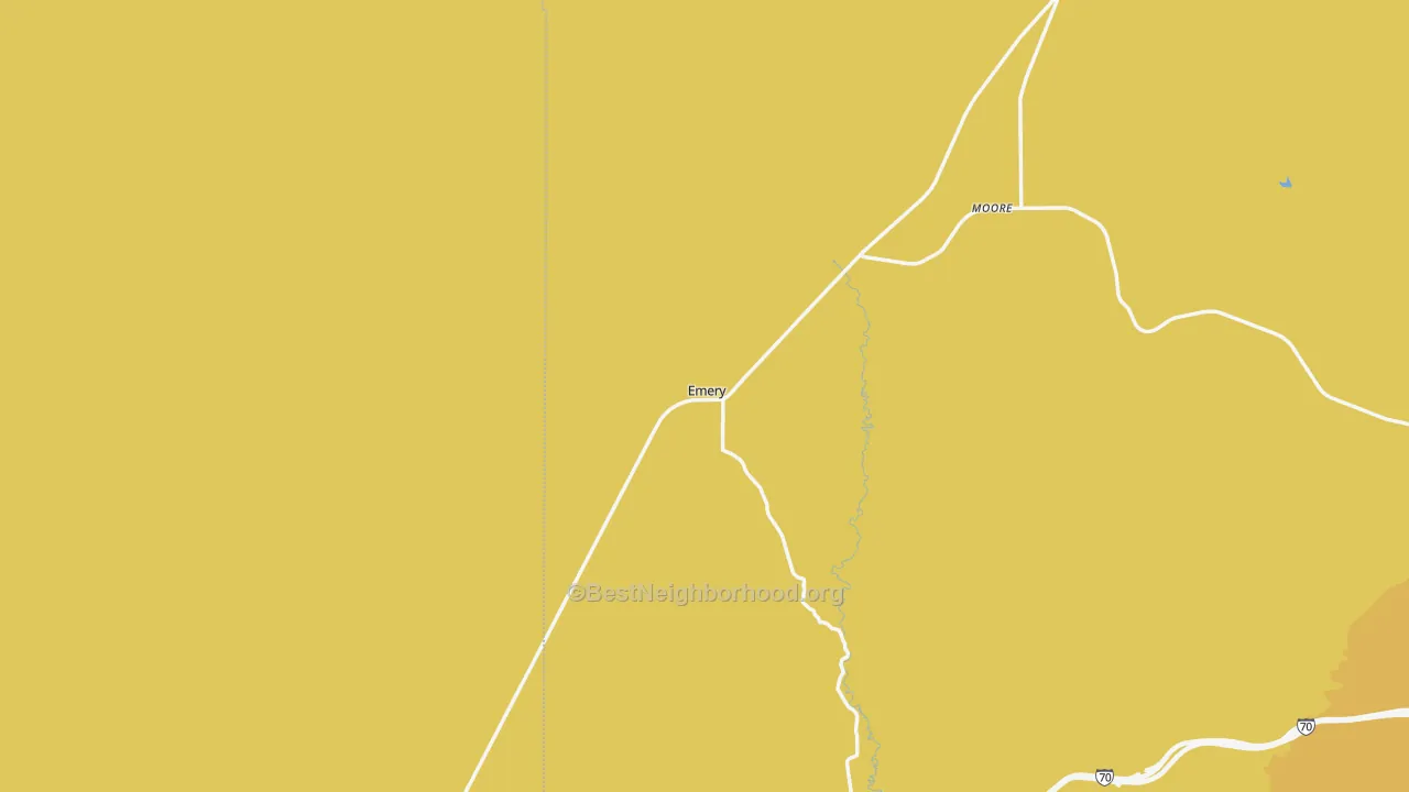 Map of the best neighborhoods in the Emery area, with better matches in green and worse matches in red