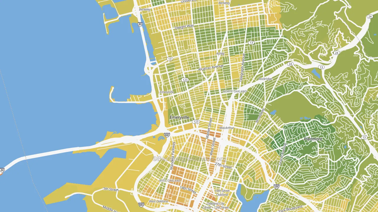Map of the best neighborhoods in the Emeryville area, with better matches in green and worse matches in red