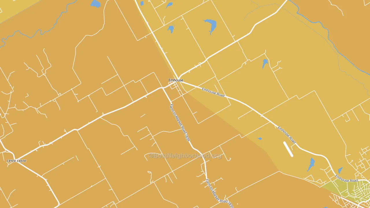Map of the best neighborhoods in the Emhouse area, with better matches in green and worse matches in red