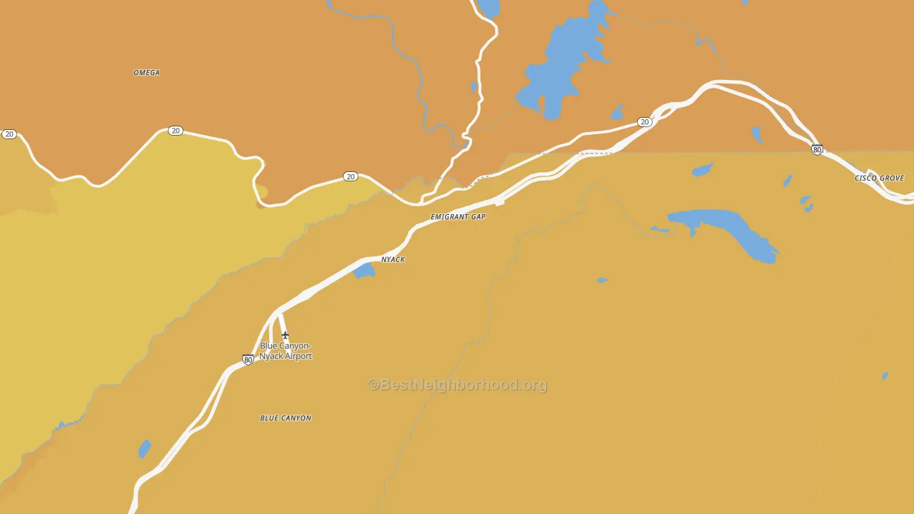 Map of the best neighborhoods in the Emigrant Gap area, with better matches in green and worse matches in red