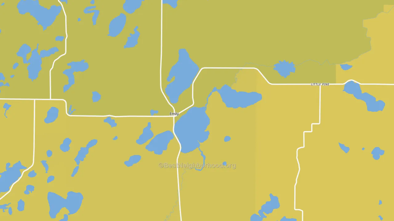 Map of the best neighborhoods in the Emily area, with better matches in green and worse matches in red