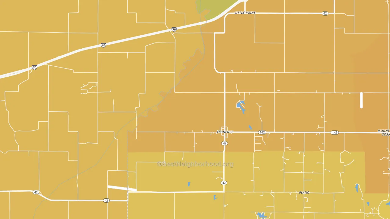 Map of the best neighborhoods in the Eminence area, with better matches in green and worse matches in red