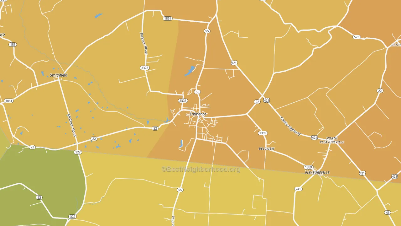 Map of the best neighborhoods in the Eminence area, with better matches in green and worse matches in red