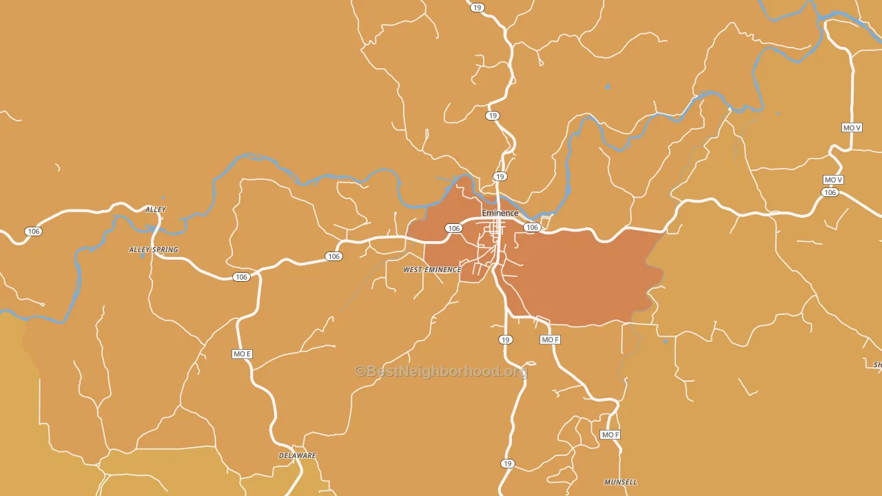 Map of the best neighborhoods in the Eminence area, with better matches in green and worse matches in red