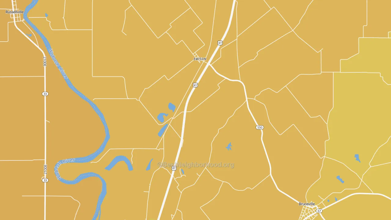 Map of the best neighborhoods in the Emison area, with better matches in green and worse matches in red