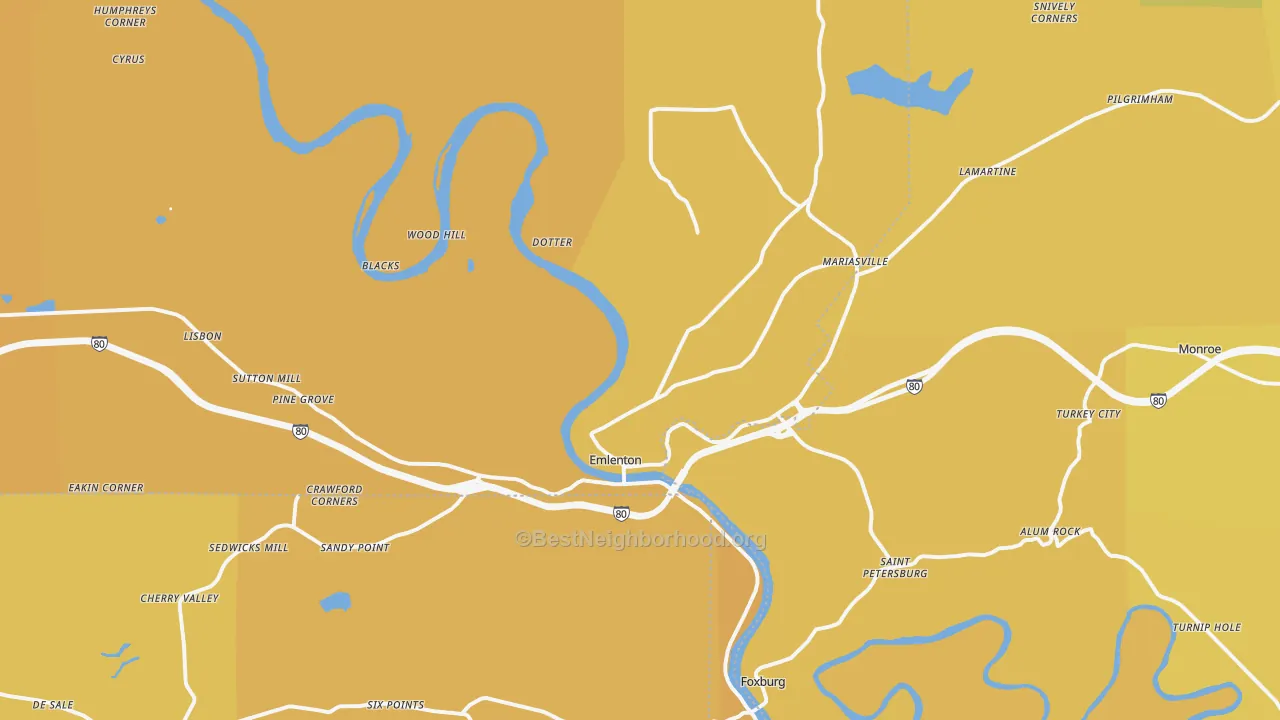 Map of the best neighborhoods in the Emlenton area, with better matches in green and worse matches in red