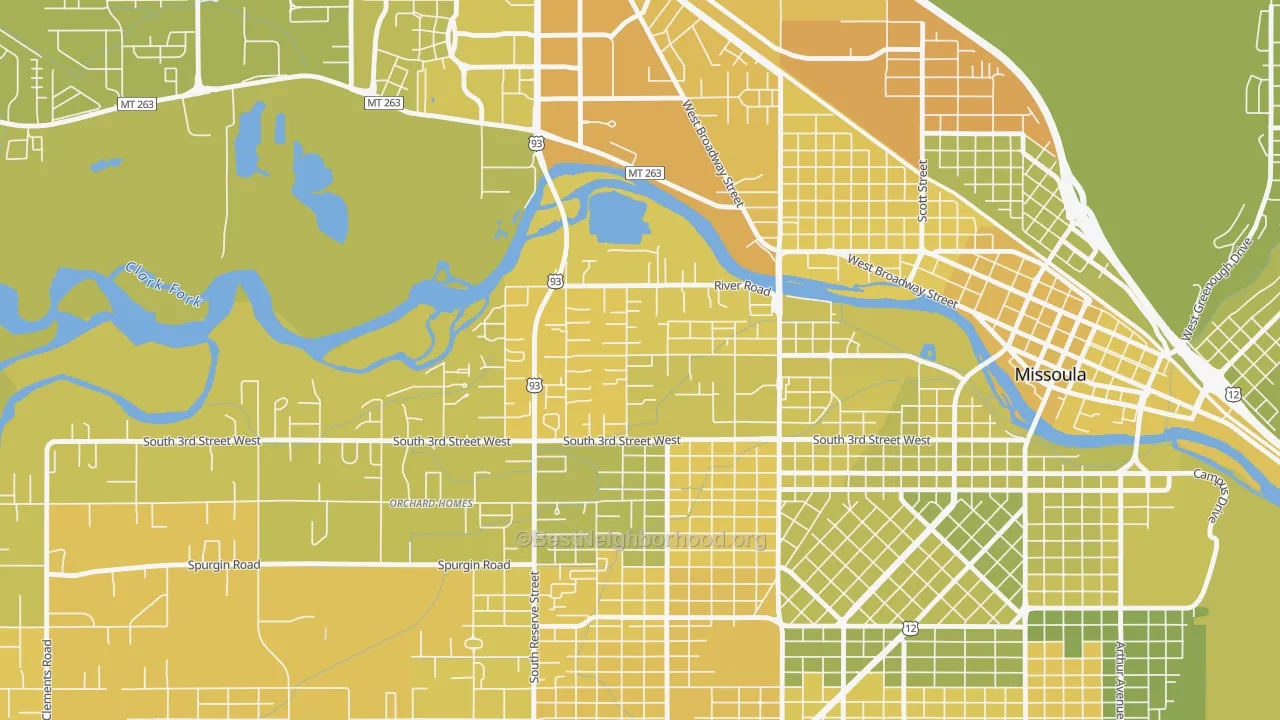 Map of the best neighborhoods in the Emma Dickinson Orchard Homes, Missoula area, with better matches in green and worse matches in red