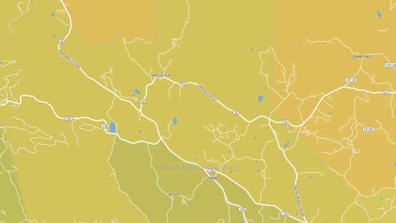 Map of the best neighborhoods in the Emma area, with better matches in green and worse matches in red