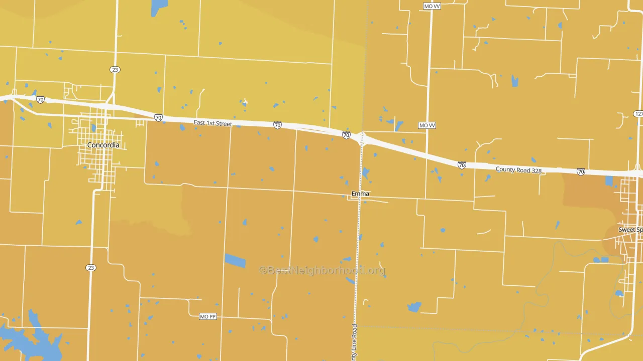 Map of the best neighborhoods in the Emma area, with better matches in green and worse matches in red