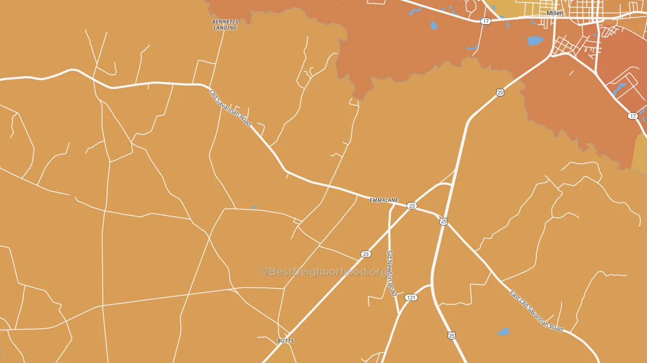 Map of the best neighborhoods in the Emmalane area, with better matches in green and worse matches in red