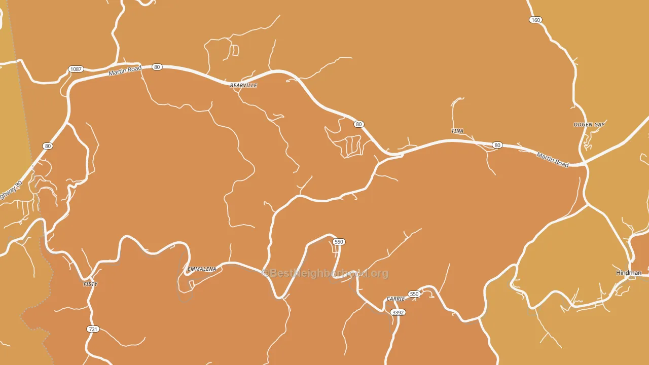 Map of the best neighborhoods in the Emmalena area, with better matches in green and worse matches in red