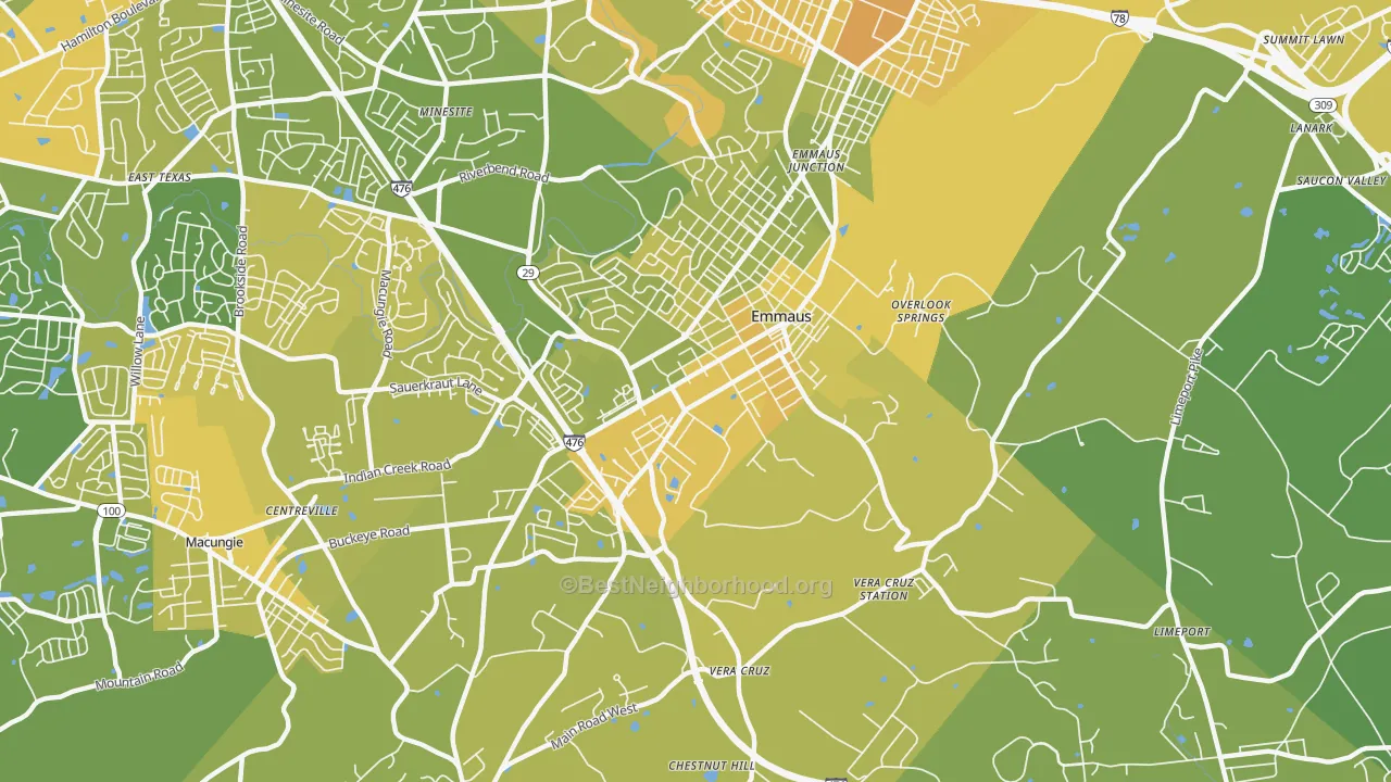 Map of the best neighborhoods in the Emmaus area, with better matches in green and worse matches in red