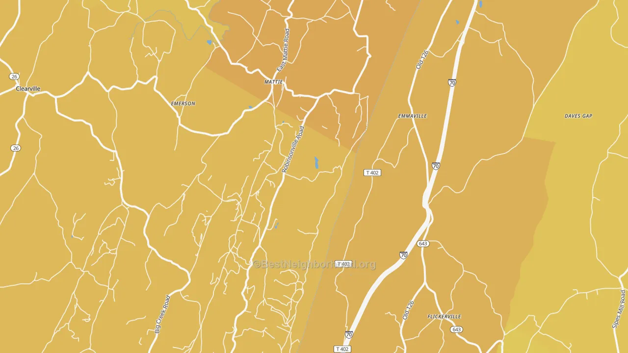 Map of the best neighborhoods in the Emmaville area, with better matches in green and worse matches in red