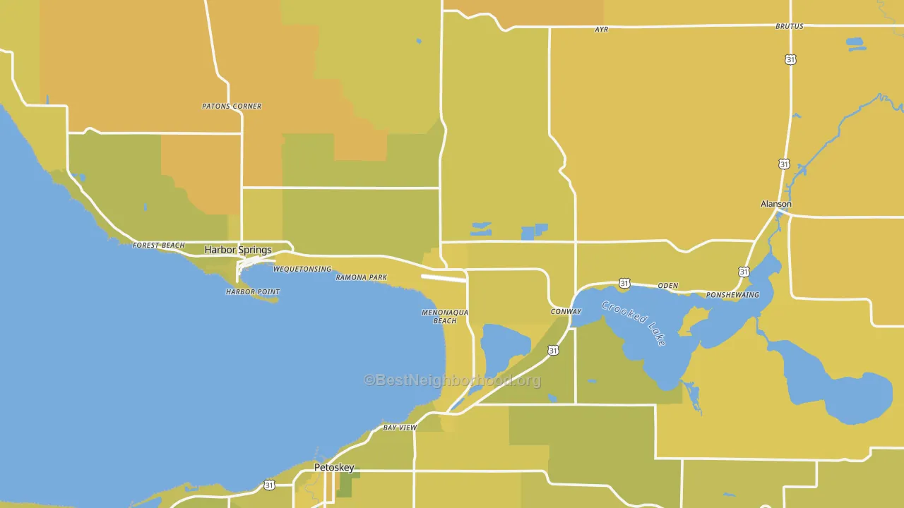Map of the best neighborhoods in the Emmet County area, with better matches in green and worse matches in red