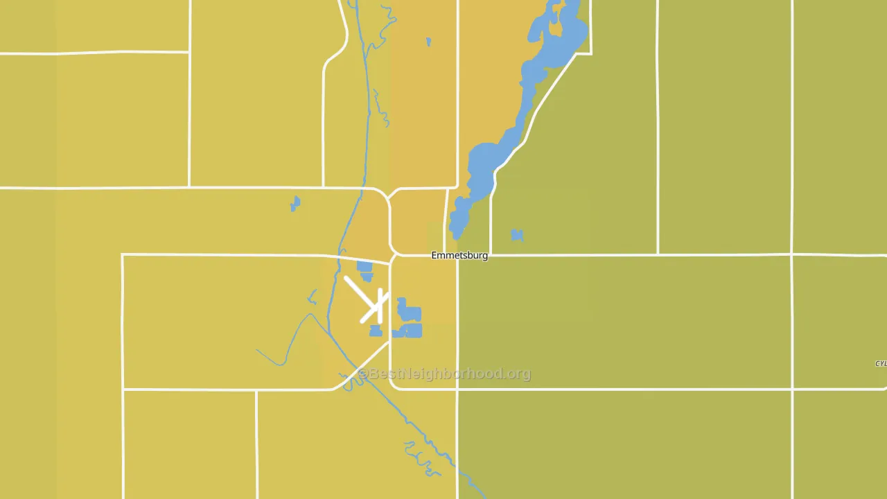 Map of the best neighborhoods in the Emmetsburg area, with better matches in green and worse matches in red
