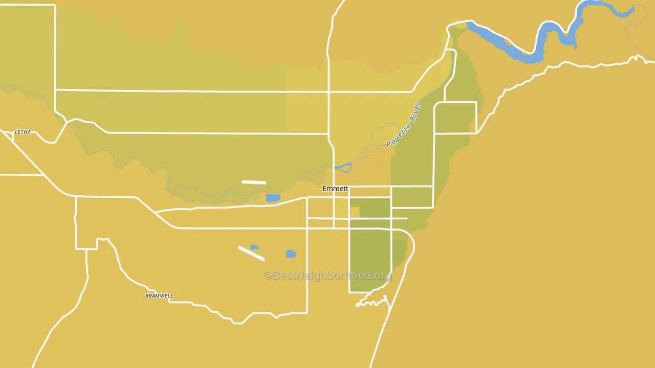 Map of the best neighborhoods in the Emmett area, with better matches in green and worse matches in red