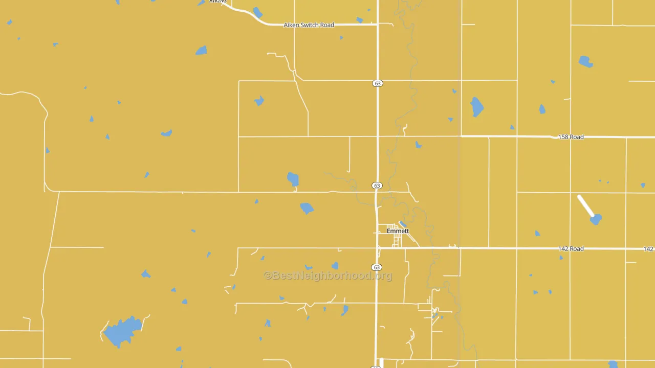 Map of the best neighborhoods in the Emmett area, with better matches in green and worse matches in red