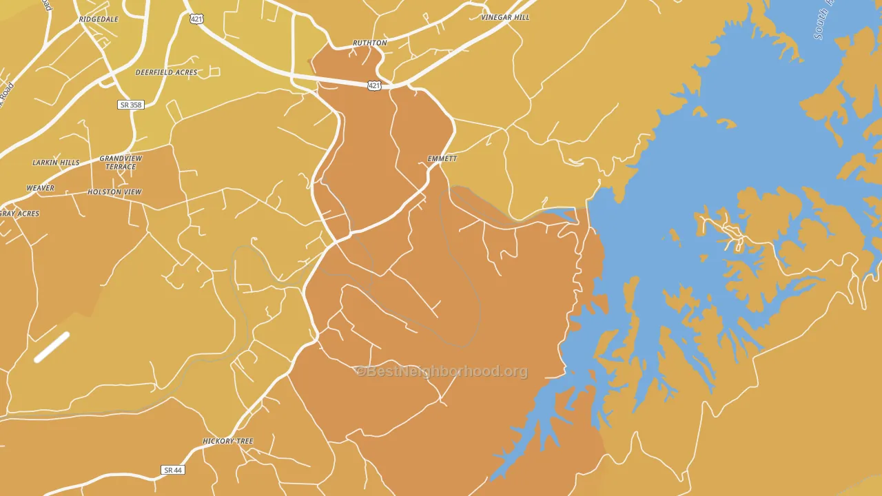 Map of the best neighborhoods in the Emmett area, with better matches in green and worse matches in red
