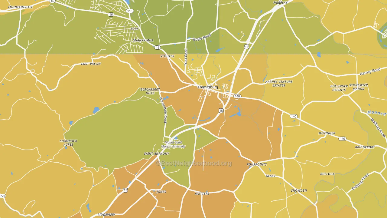 Map of the best neighborhoods in the Emmitsburg area, with better matches in green and worse matches in red