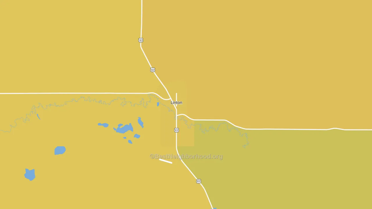 Map of the best neighborhoods in the Emmons County area, with better matches in green and worse matches in red