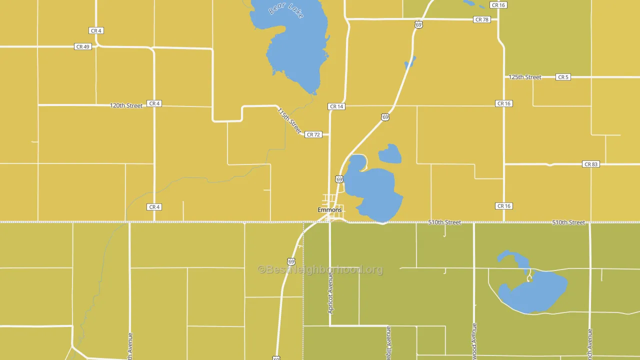 Map of the best neighborhoods in the Emmons area, with better matches in green and worse matches in red
