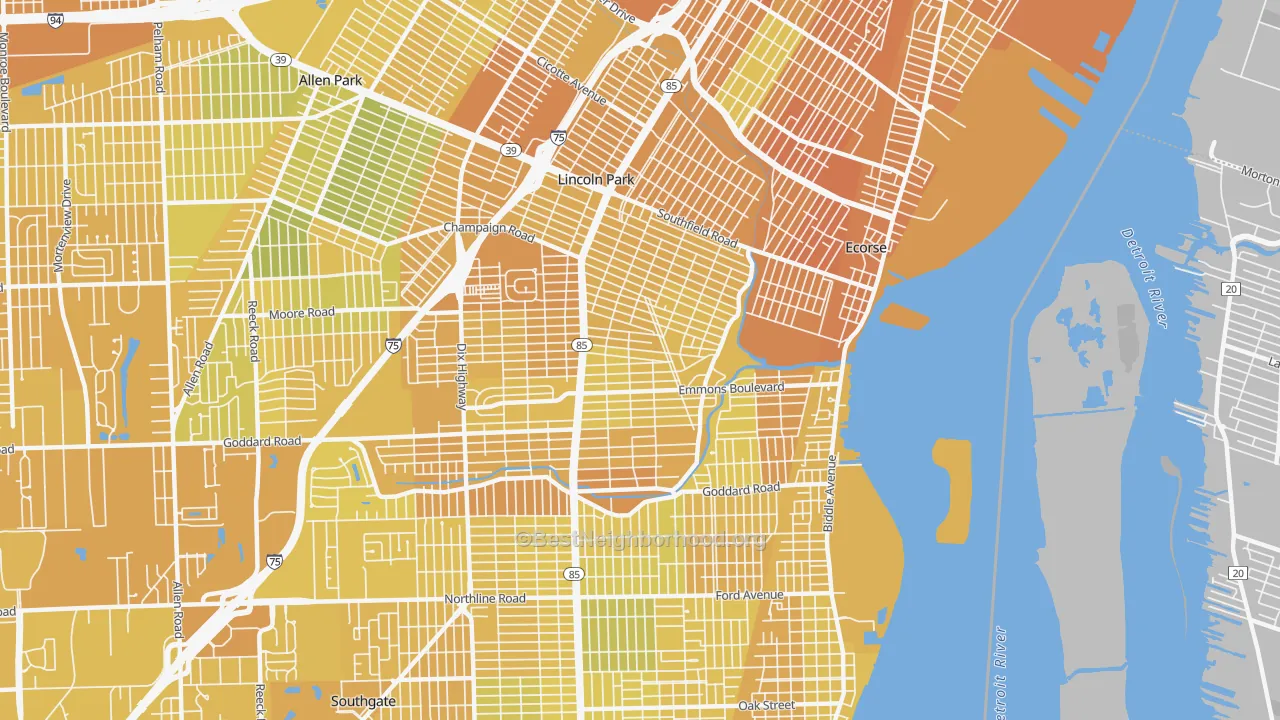 Map of the best neighborhoods in the Emmons Orchard, Lincoln Park area, with better matches in green and worse matches in red