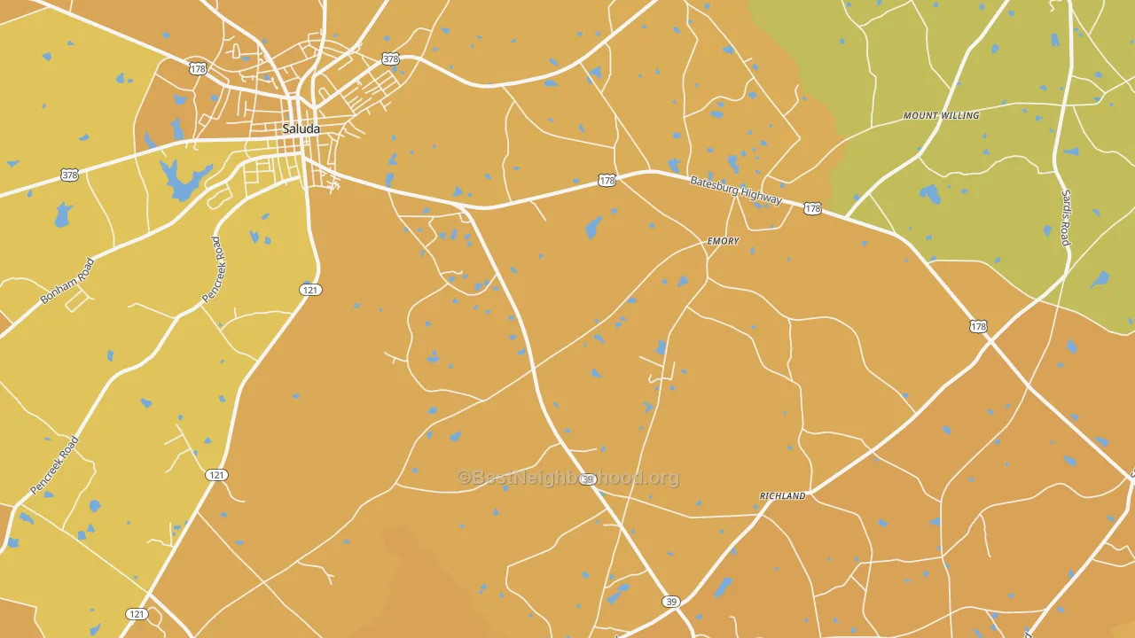 Map of the best neighborhoods in the Emory area, with better matches in green and worse matches in red