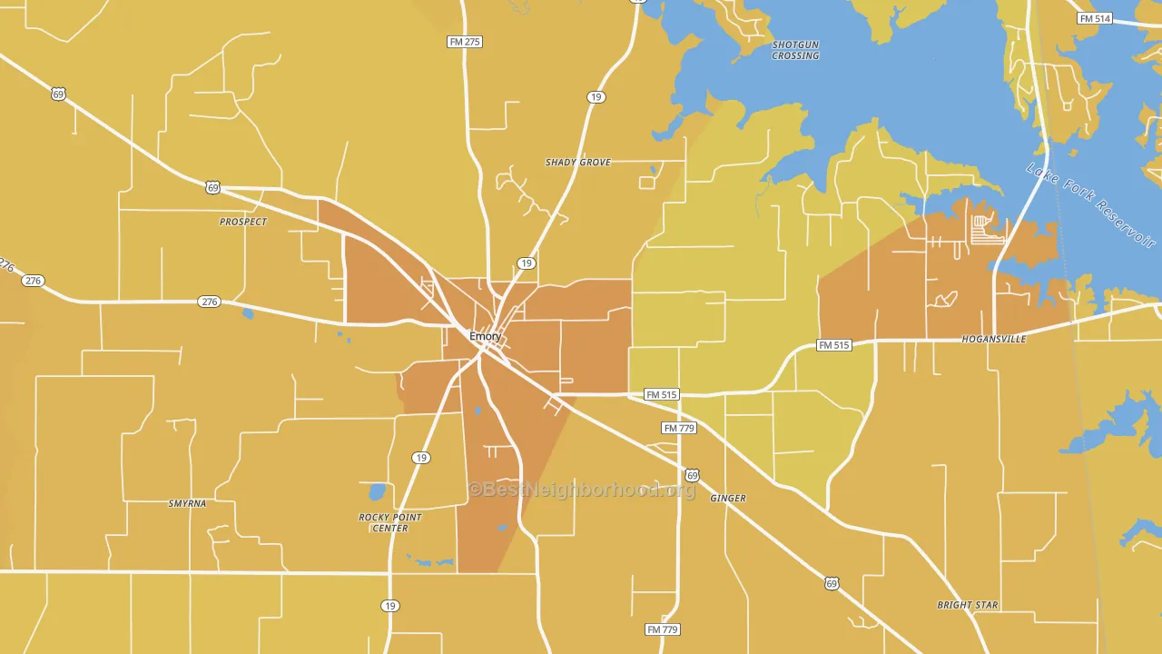 Map of the best neighborhoods in the Emory area, with better matches in green and worse matches in red