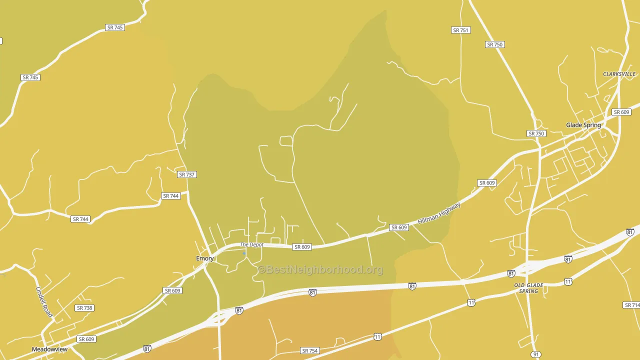 Map of the best neighborhoods in the Emory area, with better matches in green and worse matches in red