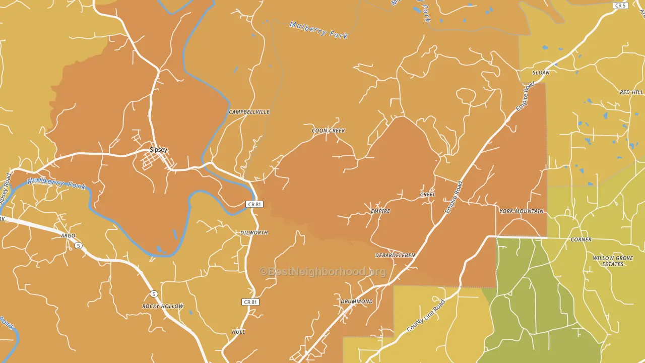 Map of the best neighborhoods in the Empire area, with better matches in green and worse matches in red