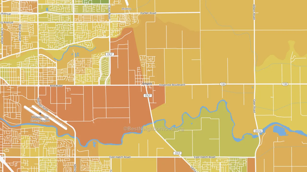 Map of the best neighborhoods in the Empire area, with better matches in green and worse matches in red