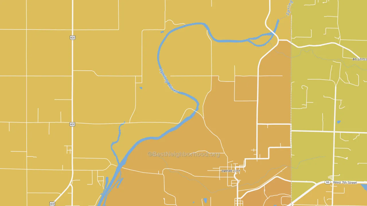 Map of the best neighborhoods in the Empire City area, with better matches in green and worse matches in red