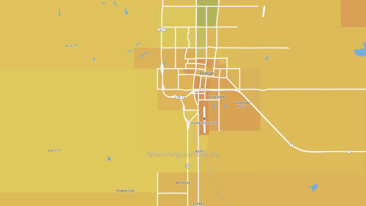 Map of the best neighborhoods in the Empire City area, with better matches in green and worse matches in red