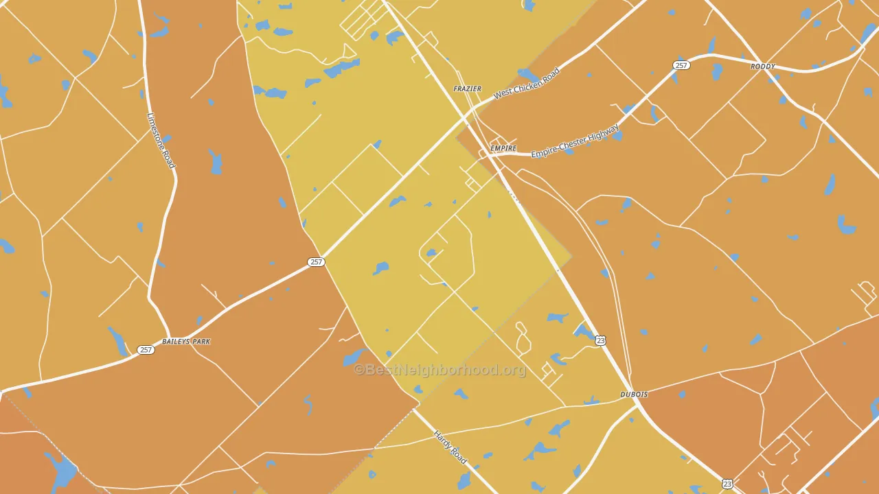 Map of the best neighborhoods in the Empire area, with better matches in green and worse matches in red