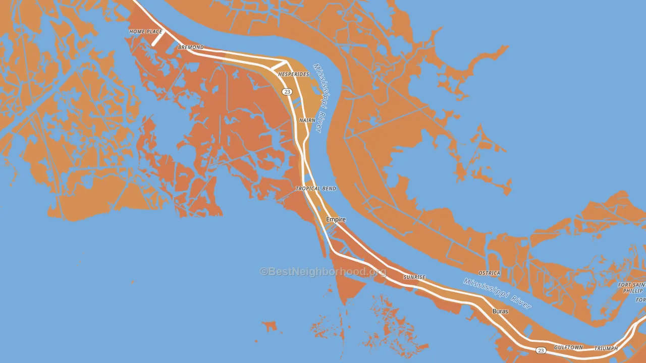 Map of the best neighborhoods in the Empire area, with better matches in green and worse matches in red