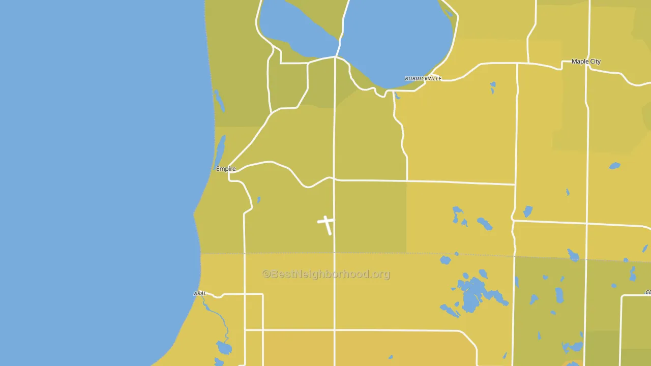 Map of the best neighborhoods in the Empire area, with better matches in green and worse matches in red