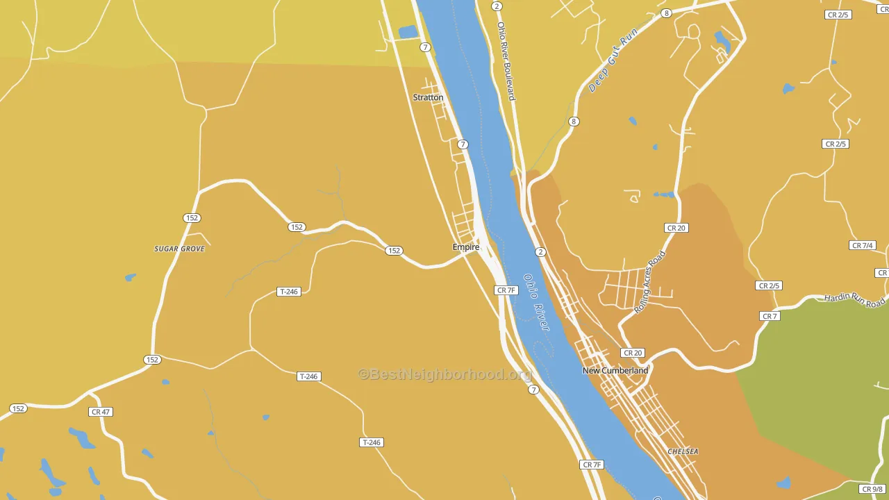 Map of the best neighborhoods in the Empire area, with better matches in green and worse matches in red