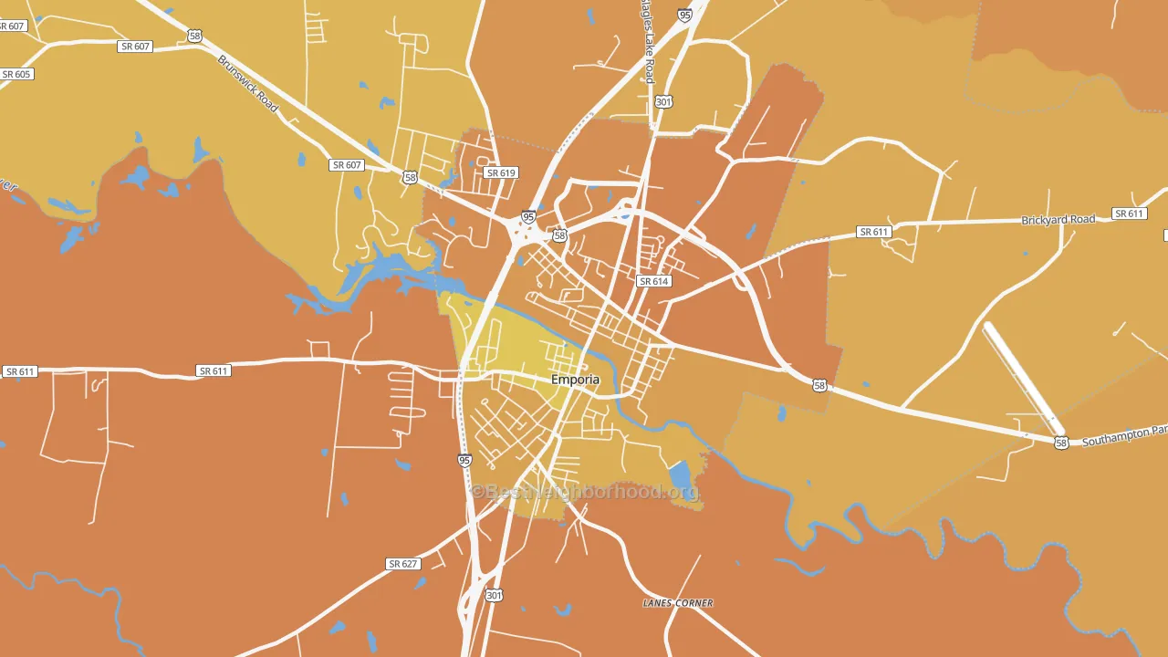 Map of the best neighborhoods in the Emporia City area, with better matches in green and worse matches in red
